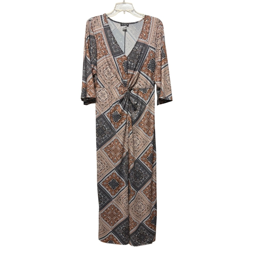 Venus Womens Geometric Patchwork Twist Front V-Neck Maxi Dress Brown Rust Medium